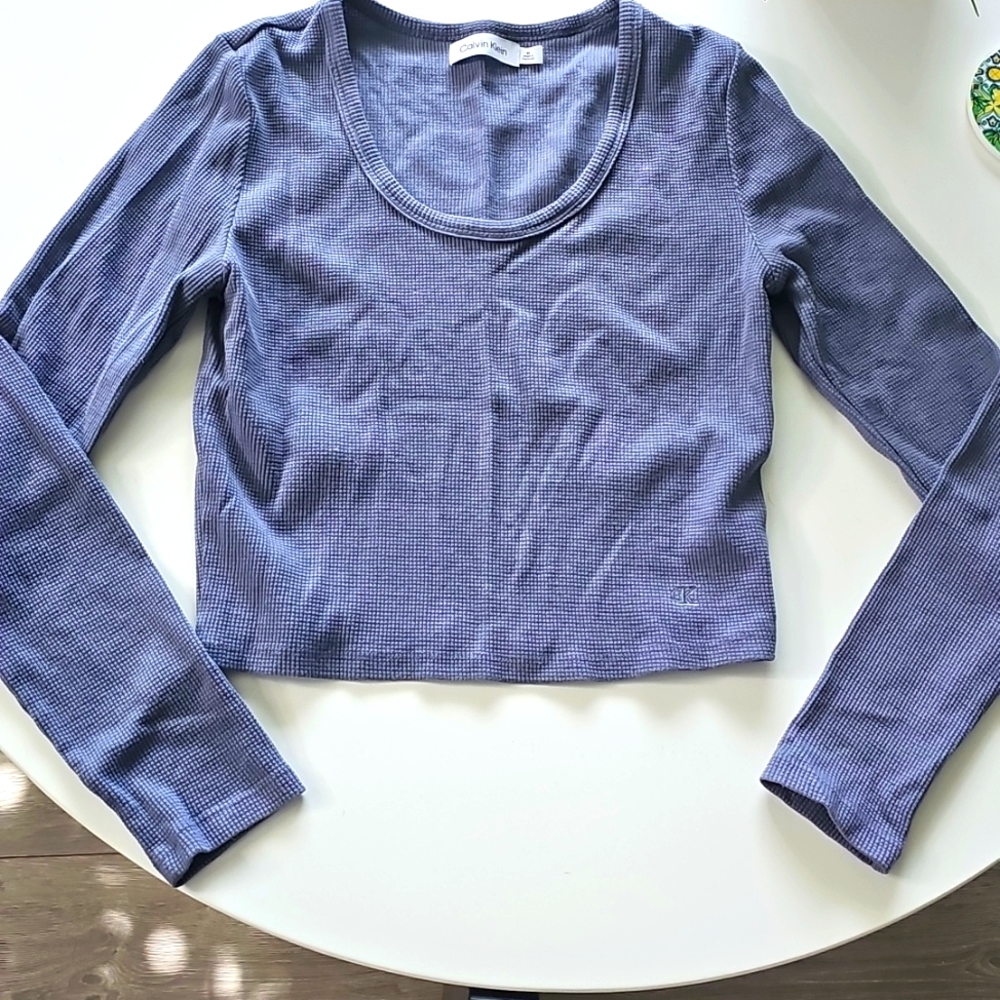 Calvin Klien Blue/Gray Waffle Long Sleeve Cropped Top